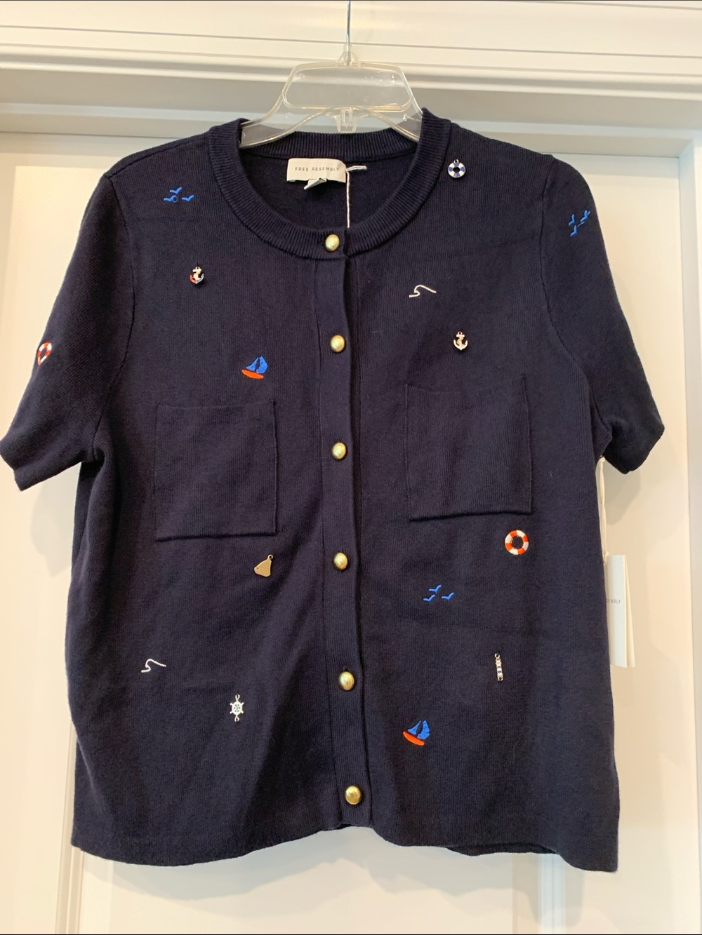 Free Assembly Navy Short-Sleeve Embroidered Cardigan / charms 12 NWT